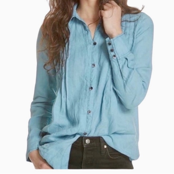 Free People Tops - Free People Breezy Morning button up tunic linen shirt blue, size Medium